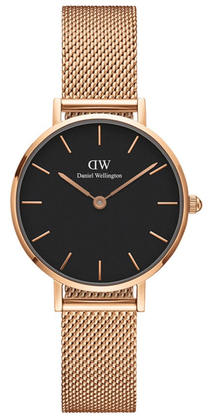 Daniel Wellington Classic Petite Melrose Black Dial Rose Gold Mesh Bracelet Watch For Women - DW00100217 Buy Now By Daniel Wellington