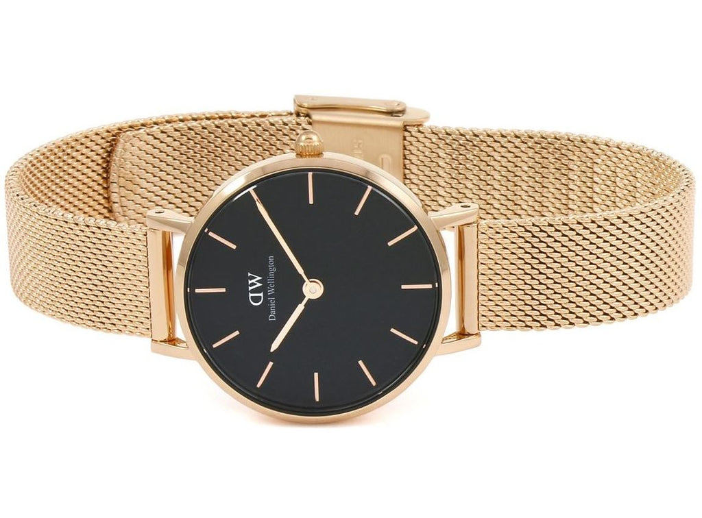 Daniel Wellington Classic Petite Melrose Black Dial Rose Gold Mesh Bracelet Watch For Women - DW00100217 Buy Now By Daniel Wellington