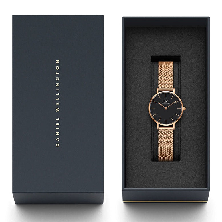 Daniel Wellington Classic Petite Melrose Black Dial Rose Gold Mesh Bracelet Watch For Women - DW00100217 Buy Now By Daniel Wellington