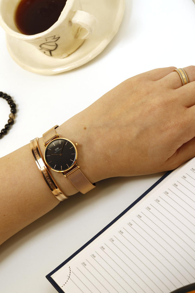 Daniel Wellington Classic Petite Melrose Black Dial Rose Gold Mesh Bracelet Watch For Women - DW00100217 Buy Now By Daniel Wellington