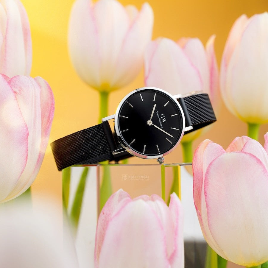 Daniel Wellington Petite Ashfield Black Dial Black Mesh Strap Watch For Women - DW00100246