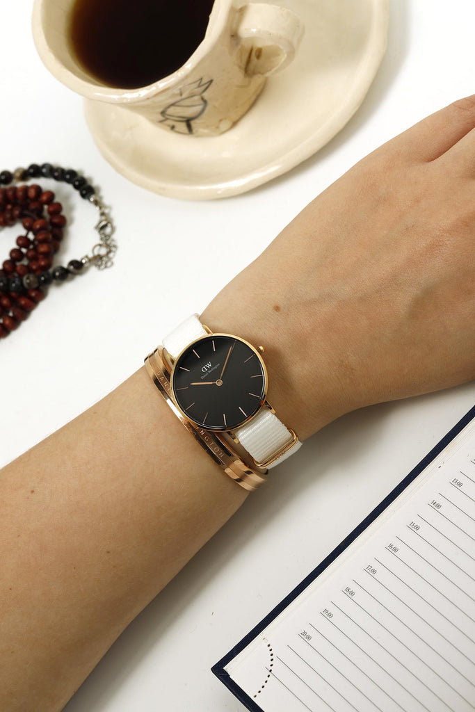 Daniel Wellington Classic Petite Dover Black Dial White NATO Strap Watch For Women - DW00100312 Buy Now By Daniel Wellington
