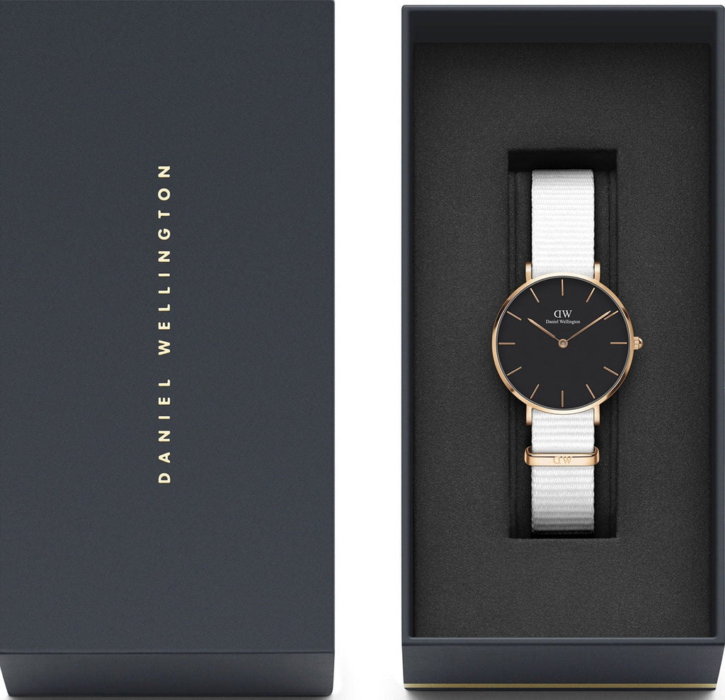 Daniel Wellington Classic Petite Dover Black Dial White NATO Strap Watch For Women - DW00100312 Buy Now By Daniel Wellington