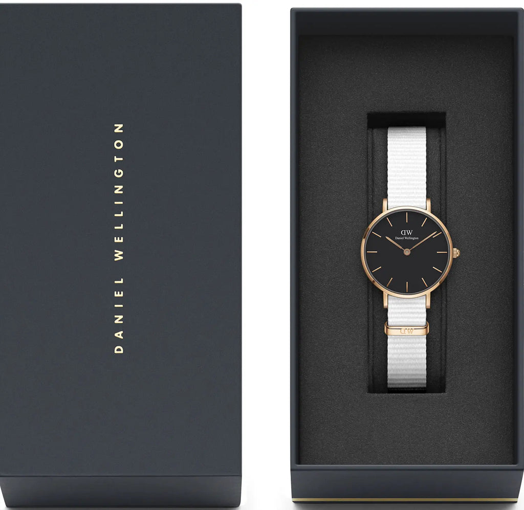 Daniel Wellington Classic Petite Dover Black Dial White NATO Strap Watch For Women - DW00100314 Buy Now By Daniel Wellington