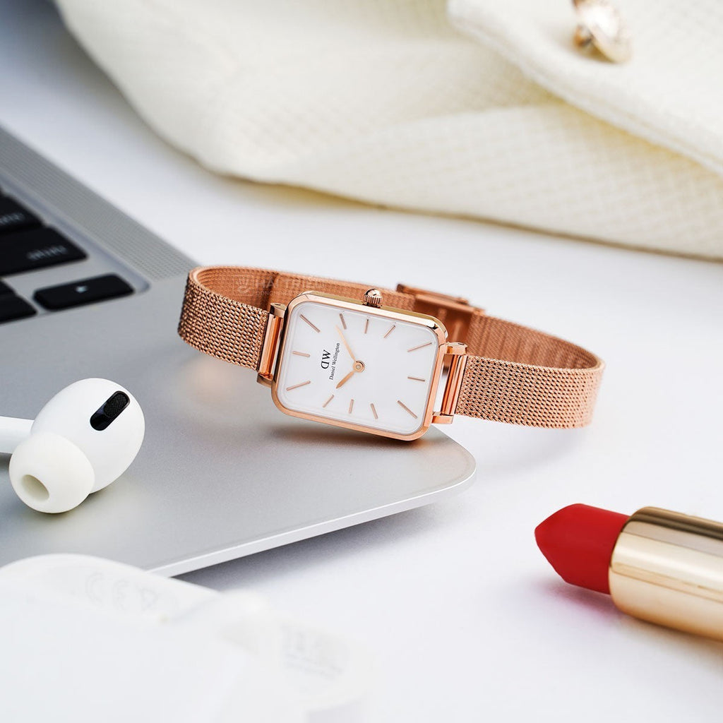 Daniel Wellington Quadro Melrose White Dial Gold Mesh Strap Watch For Women - DW00100431