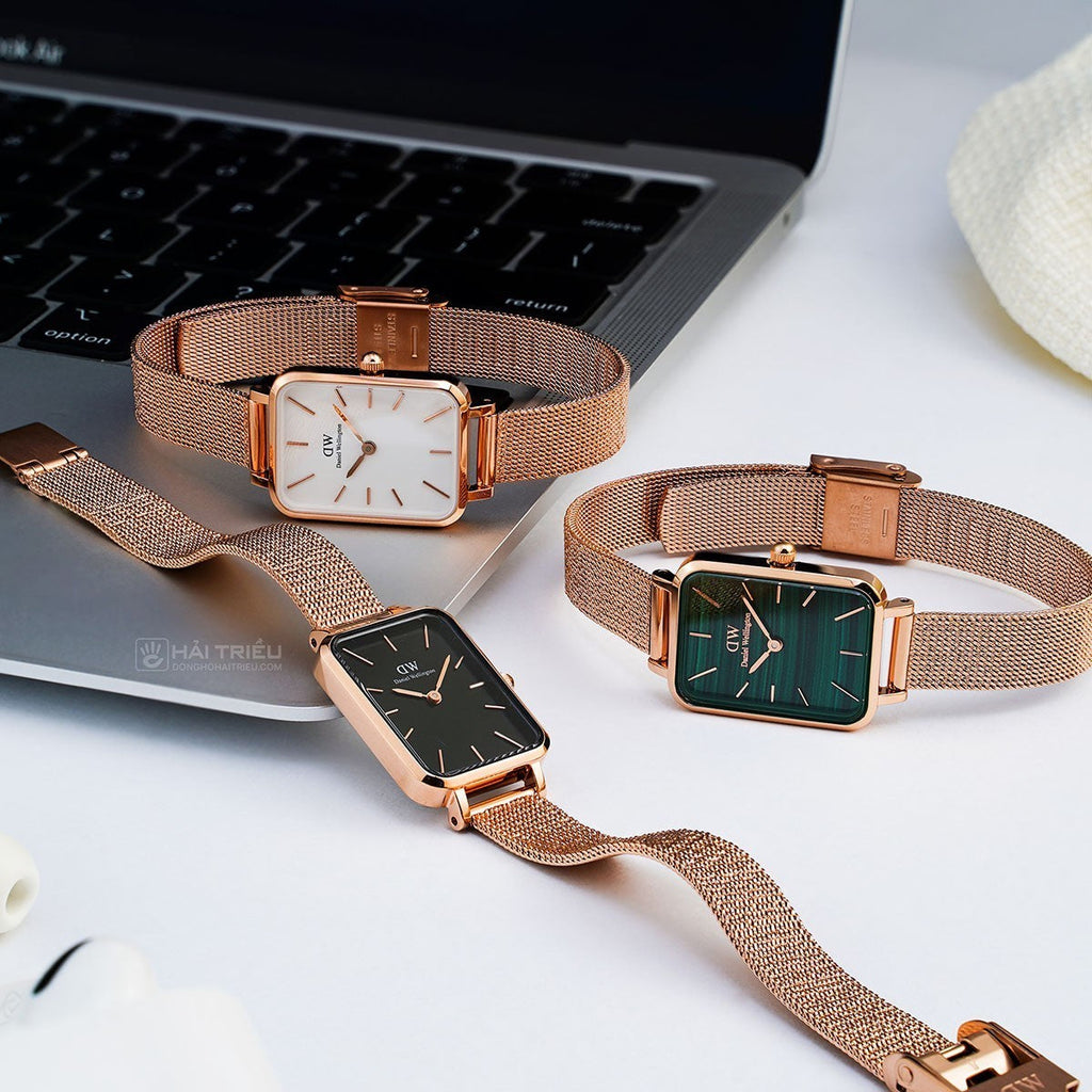 Daniel Wellington Quadro Melrose Green Dial Rose Gold Mesh Strap Watch For Women - DW00100437