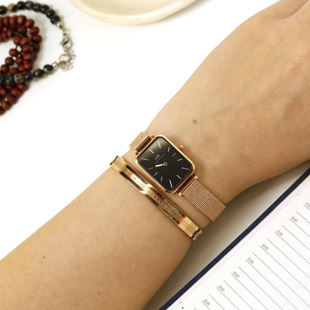 Daniel Wellington Quadro Melrose Black Dial Rose Gold Mesh Bracelet Watch For Women - DW00100432 Buy Now By Daniel Wellington
