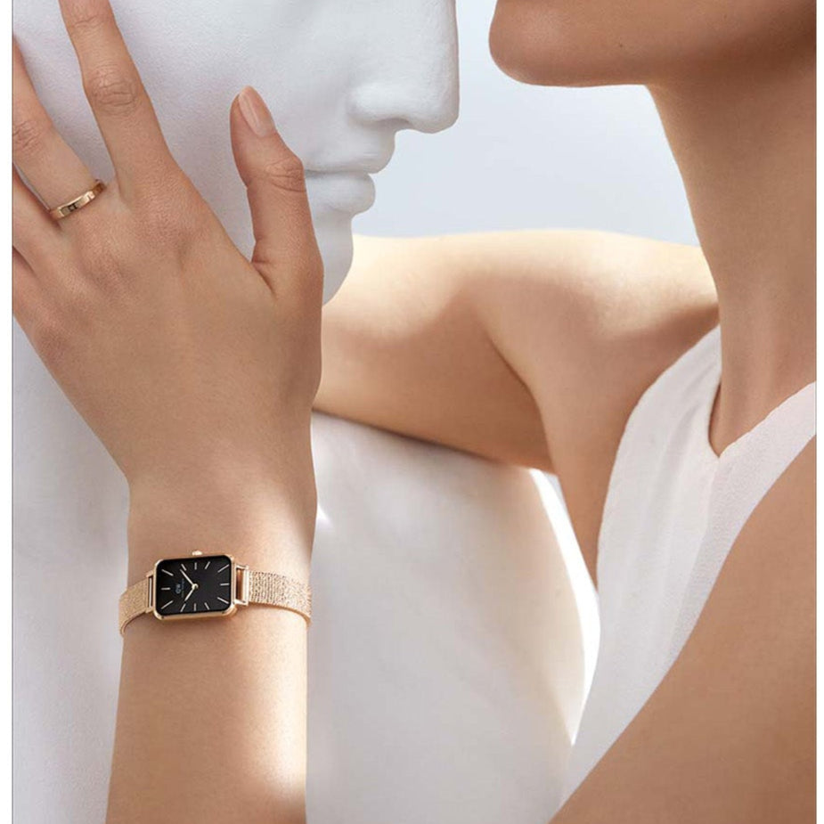 Daniel Wellington Quadro Melrose Black Dial Rose Gold Mesh Bracelet Watch For Women - DW00100432 Buy Now By Daniel Wellington