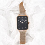 Daniel Wellington Quadro Melrose Black Dial Rose Gold Mesh Bracelet Watch For Women - DW00100432 Buy Now By Daniel Wellington