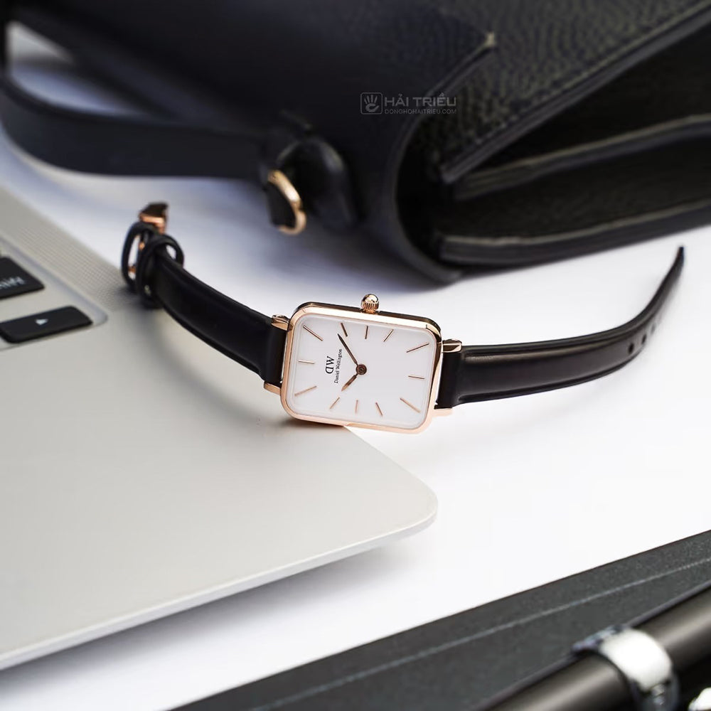 Daniel Wellington Quadro White Dial Black Leather Strap Watch For Women - DW00100434