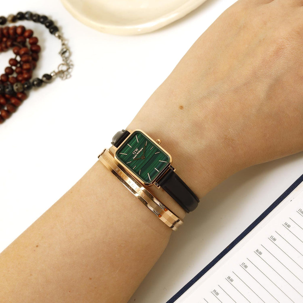 Daniel Wellington Quadro Pressed Sheffield Green Dial Black Leather Strap Watch For Women - DW00100439