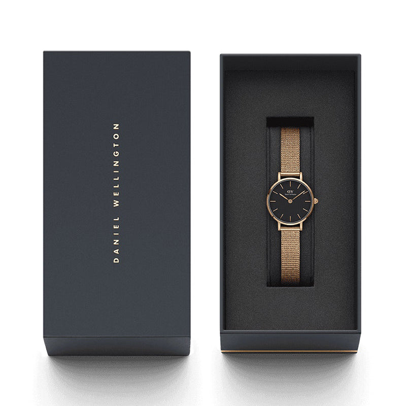 Daniel Wellington Petite Pressed Melrose Black Dial Rose Gold Mesh Strap Watch For Women - DW00100440 Buy Now By Daniel Wellington