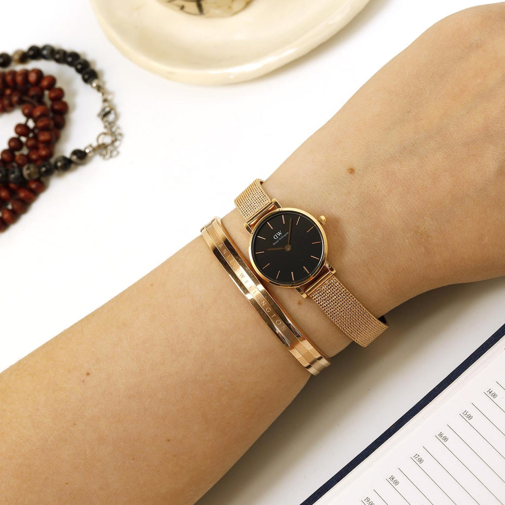 Daniel Wellington Petite Pressed Melrose Black Dial Rose Gold Mesh Strap Watch For Women - DW00100440 Buy Now By Daniel Wellington