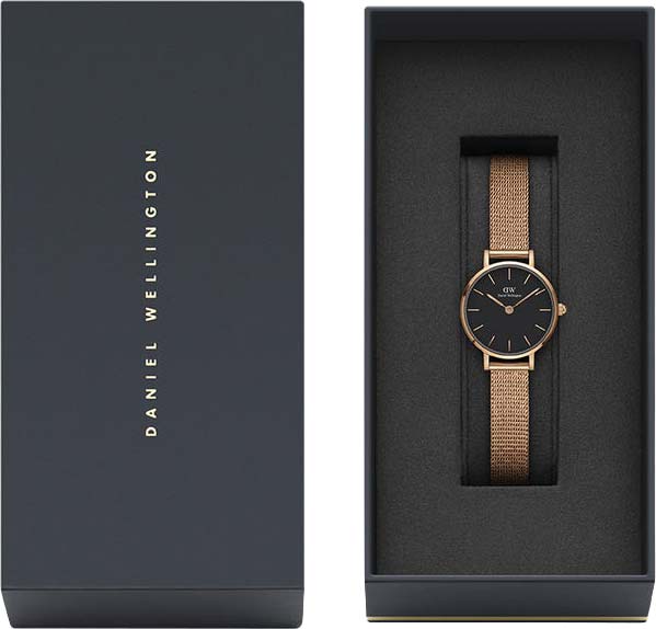 Daniel Wellington Petite Pressed Melrose Black Dial Rose Gold Mesh Strap Watch For Women - DW00100440 Buy Now By Daniel Wellington