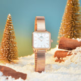 Daniel Wellington Quadro Studio White Dial Rose Gold Mesh Strap Watch For Women - DW00100517