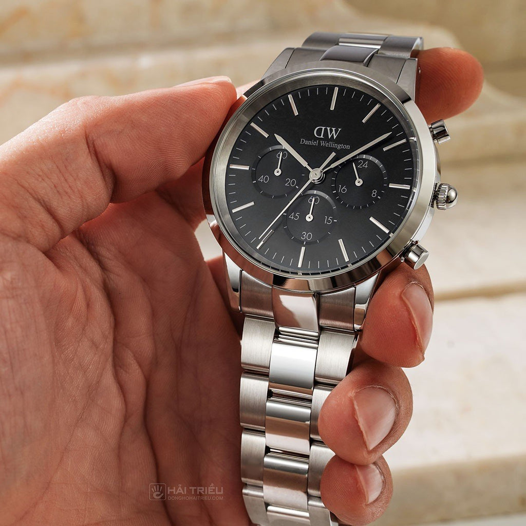 Daniel Wellington Iconic Chronograph Link Black Dial Silver Steel Strap Watch For Men - DW00100645 Buy Now By Daniel Wellington