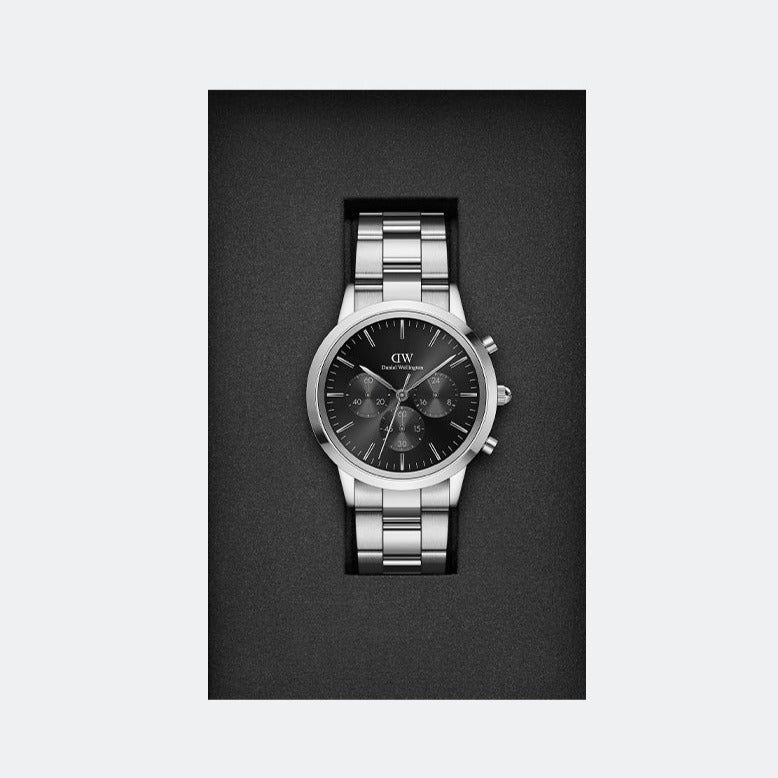 Daniel Wellington Iconic Chronograph Link Black Dial Silver Steel Strap Watch For Men - DW00100645 Buy Now By Daniel Wellington