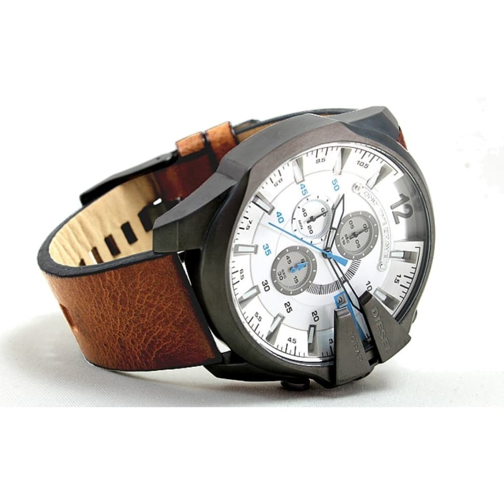 Diesel Mega Chief Chronograph White Dial Brown Leather Strap Watch For Men - DZ4280 Buy Now By Diesel