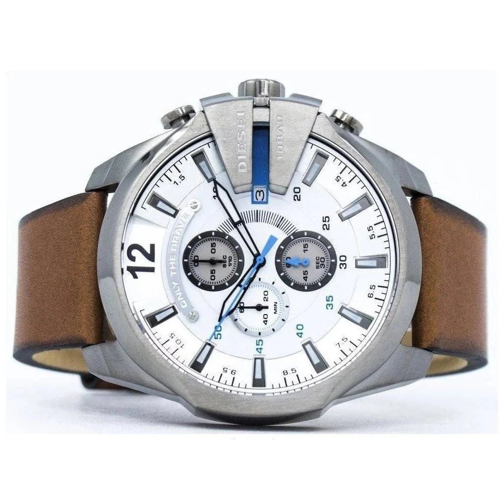 Diesel Mega Chief Chronograph White Dial Brown Leather Strap Watch For Men - DZ4280 Buy Now By Diesel