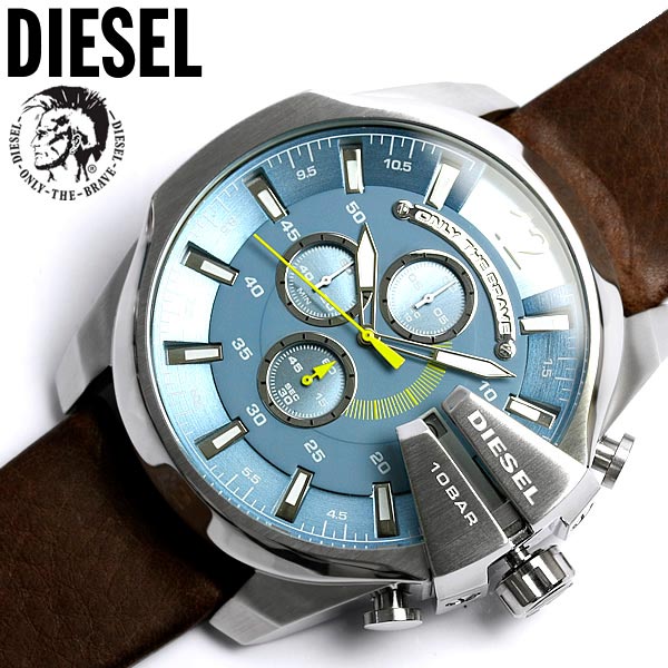 Diesel Mega Chief Chronograph Blue Dial Brown Leather Strap Watch For Men - DZ4281 Buy Now By Diesel