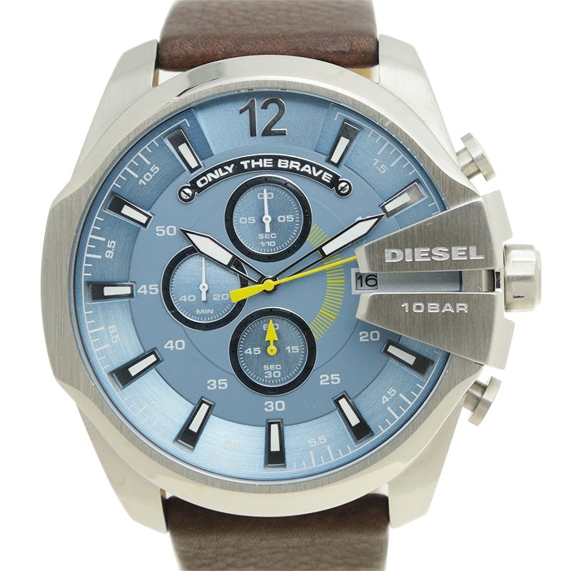 Diesel Mega Chief Chronograph Blue Dial Brown Leather Strap Watch For Men - DZ4281 Buy Now By Diesel