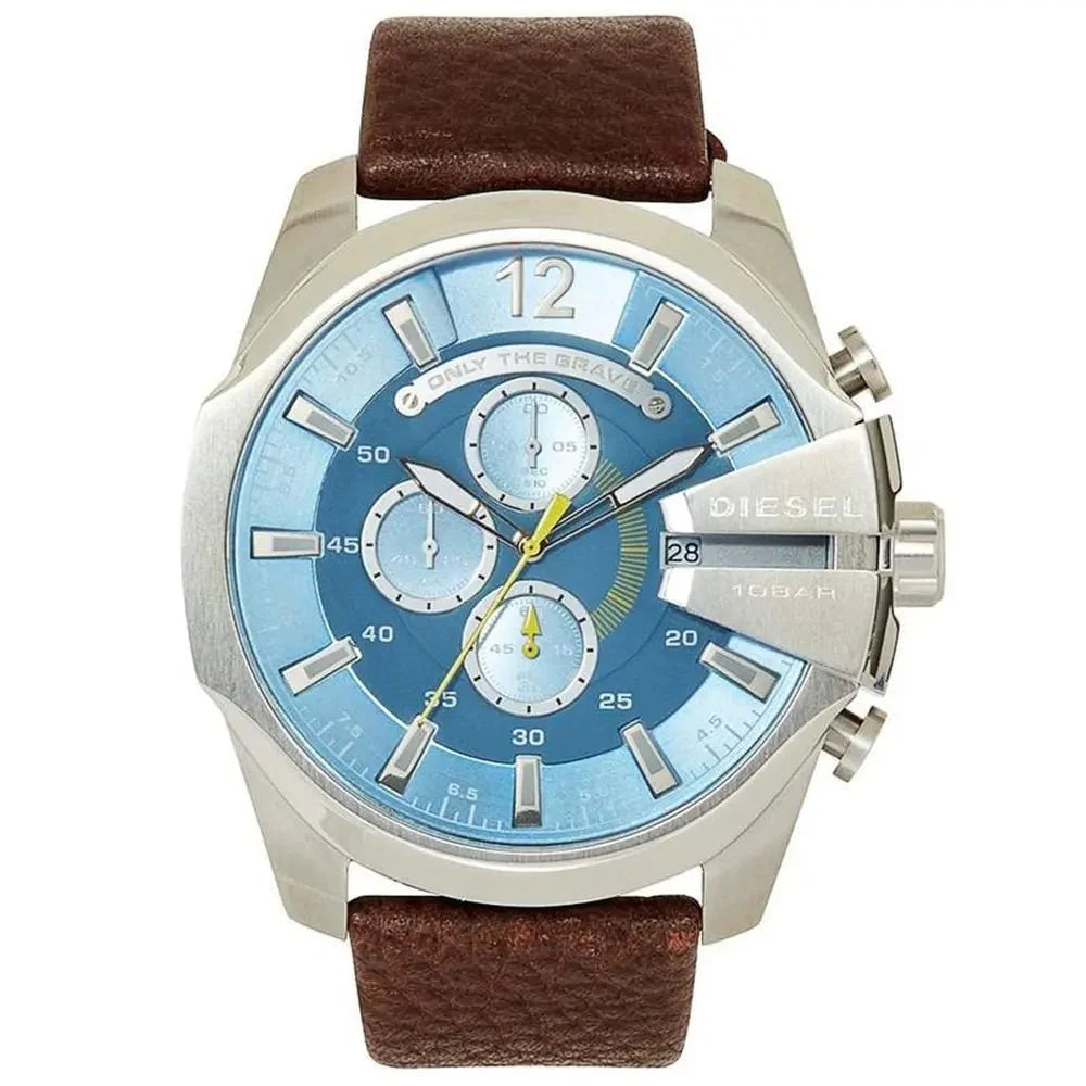 Diesel Mega Chief Chronograph Blue Dial Brown Leather Strap Watch For Men - DZ4281 Buy Now By Diesel