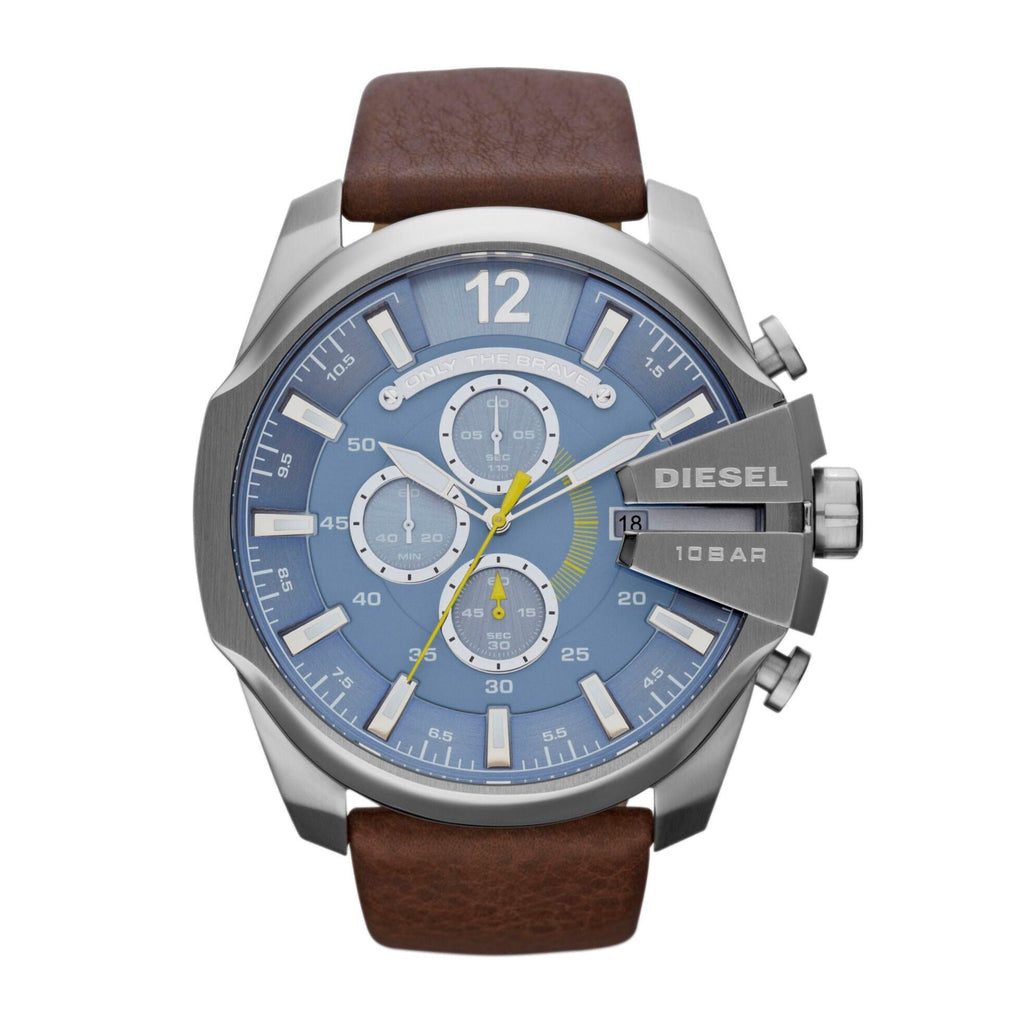 Diesel Mega Chief Chronograph Blue Dial Brown Leather Strap Watch For Men - DZ4281 Buy Now By Diesel