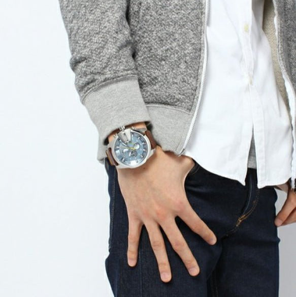 Diesel Mega Chief Chronograph Blue Dial Brown Leather Strap Watch For Men - DZ4281 Buy Now By Diesel