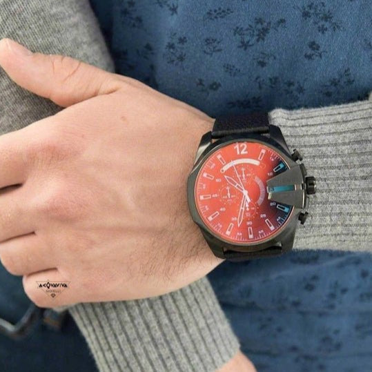 Diesel Mega Chief Chronograph Black Dial Black Leather Strap Watch For Men - DZ4323 Buy Now By Diesel