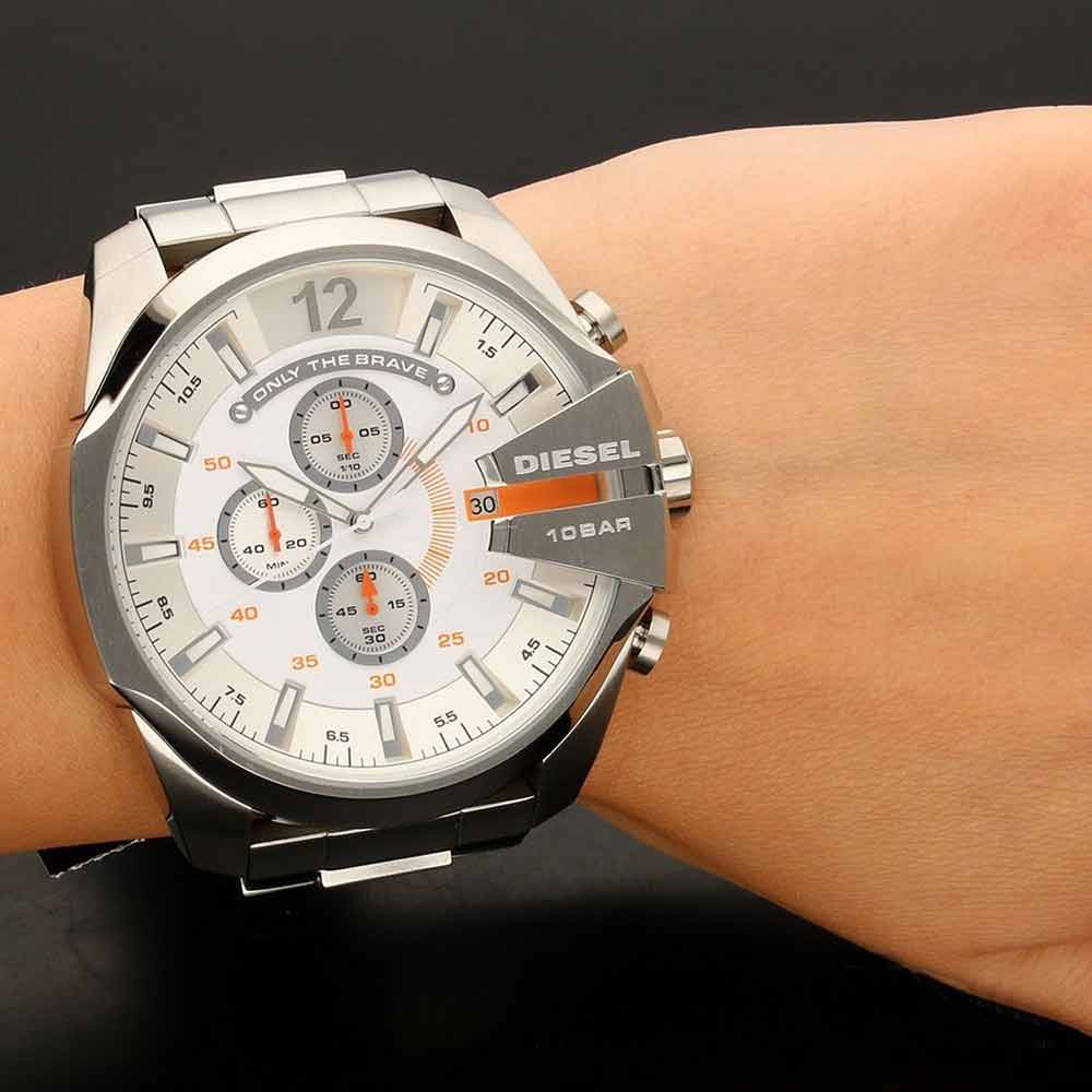 Diesel Mega Chief Chronograph White Dial Silver Steel Strap Watch For Men - DZ4328 Buy Now By Diesel