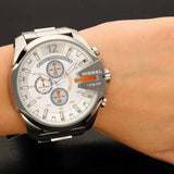 Diesel Mega Chief Chronograph White Dial Silver Steel Strap Watch For Men - DZ4328 Buy Now By Diesel