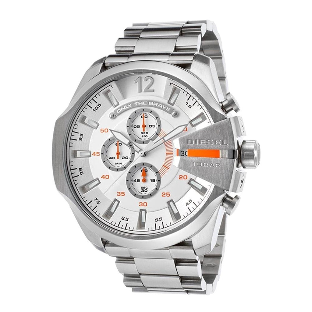 Diesel Mega Chief Chronograph White Dial Silver Steel Strap Watch For Men - DZ4328 Buy Now By Diesel