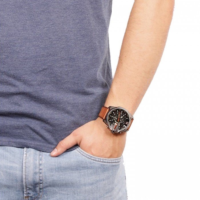 Diesel Mega Chief Chronograph Black Dial Brown Leather Strap Watch For Men - DZ4343 Buy Now By Diesel