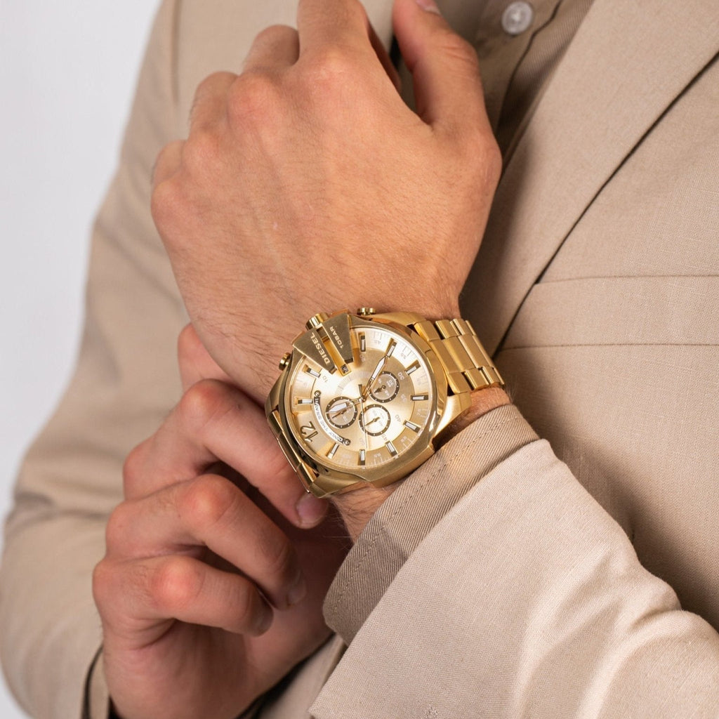 Diesel Mega Chief Chronograph Gold Dial Gold Steel Strap Watch For Men - DZ4360 Buy Now By Diesel