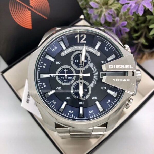 Diesel Mega Chief Chronograph Blue Dial Silver Steel Strap Watch For Men - DZ4417 Buy Now By Diesel