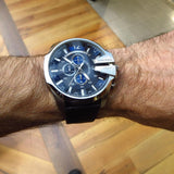 Diesel Mega Chief Chronograph Blue Dial Black Leather Strap Watch For Men - DZ4423 Buy Now By Diesel
