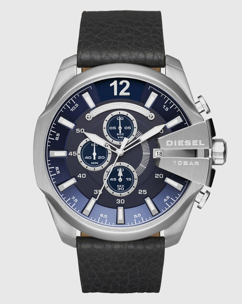 Diesel Mega Chief Chronograph Blue Dial Black Leather Strap Watch For Men - DZ4423 Buy Now By Diesel