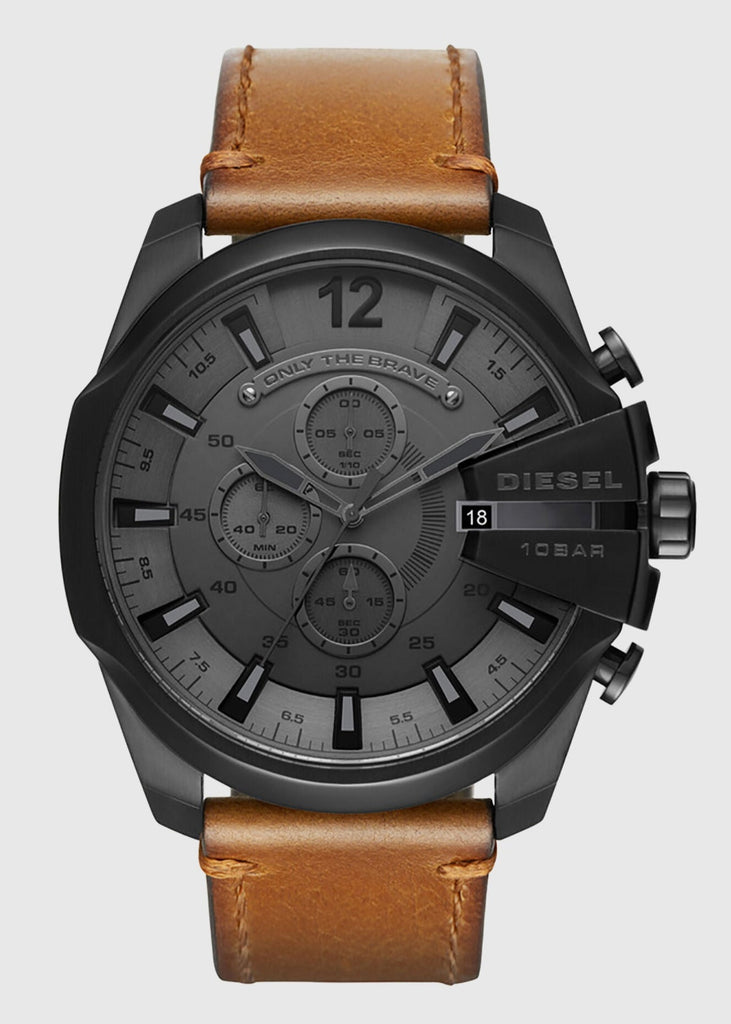 Diesel Mega Chief Chronograph Grey Dial Brown Leather Strap Watch For Men - DZ4463 Buy Now By Diesel
