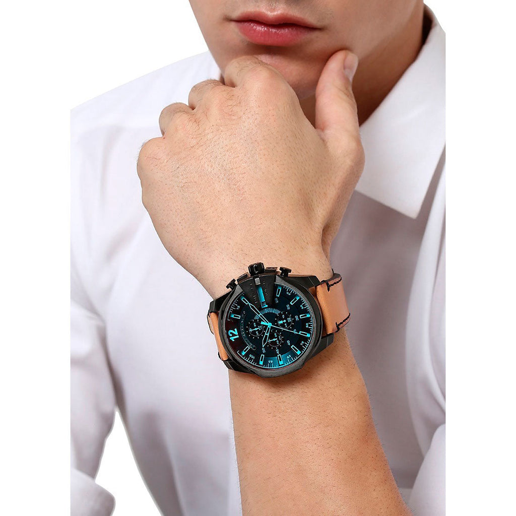 Diesel Mega Chief Chronograph Black Dial Brown Leather Strap Watch For Men - DZ4476 Buy Now By Diesel