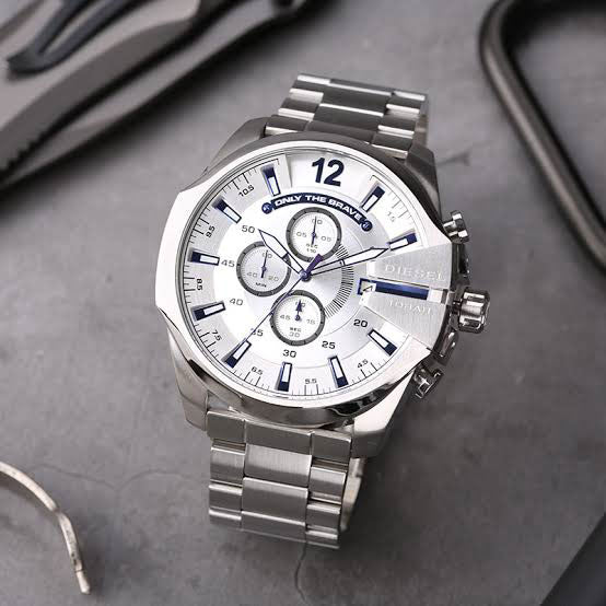 Diesel Mega Chief Chronograph White Dial Silver Steel Strap Watch For Men - DZ4477 Buy Now By Diesel