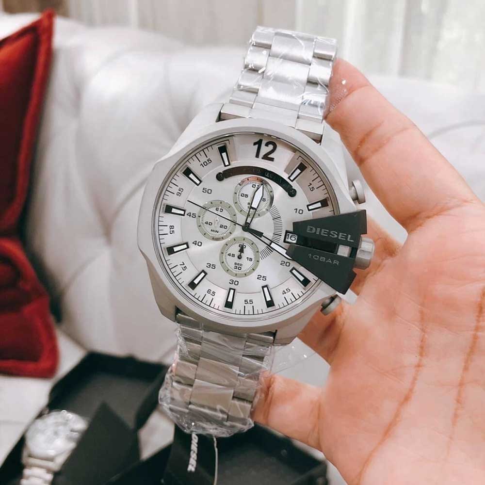Diesel Mega Chief Chronograph Silver Dial Silver Steel Strap Watch For Men - DZ4501 Buy Now By Diesel