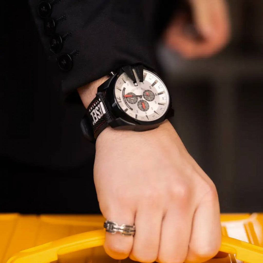 Diesel Mega Chief Chronograph Silver Dial Black Leather Strap Watch For Men - DZ4512 Buy Now By Diesel