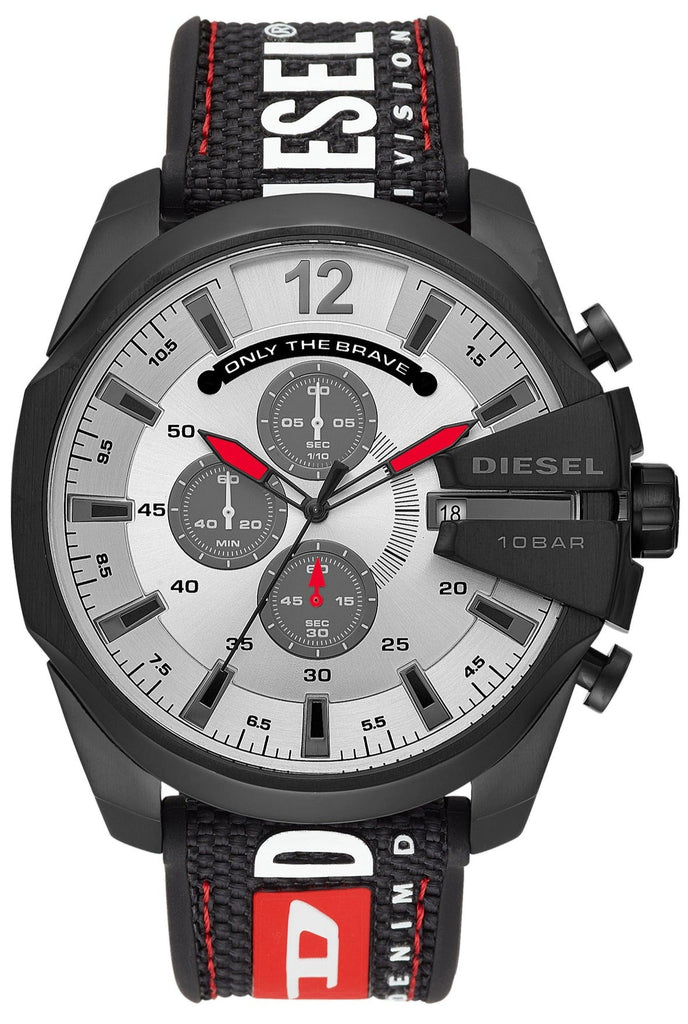Diesel Mega Chief Chronograph Silver Dial Black Leather Strap Watch For Men - DZ4512 Buy Now By Diesel
