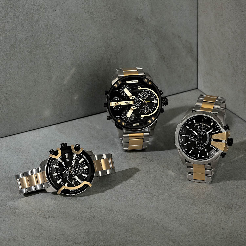 Diesel Mega Chief Chronograph Black Dial Two Tone Steel Strap Watch For Men - DZ4581 Buy Now By Diesel