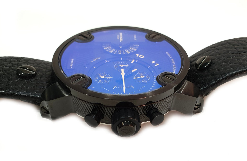 Diesel Little Daddy Blue Dial Black Leather Strap Watch For Men - DZ7257 Buy Now By Diesel