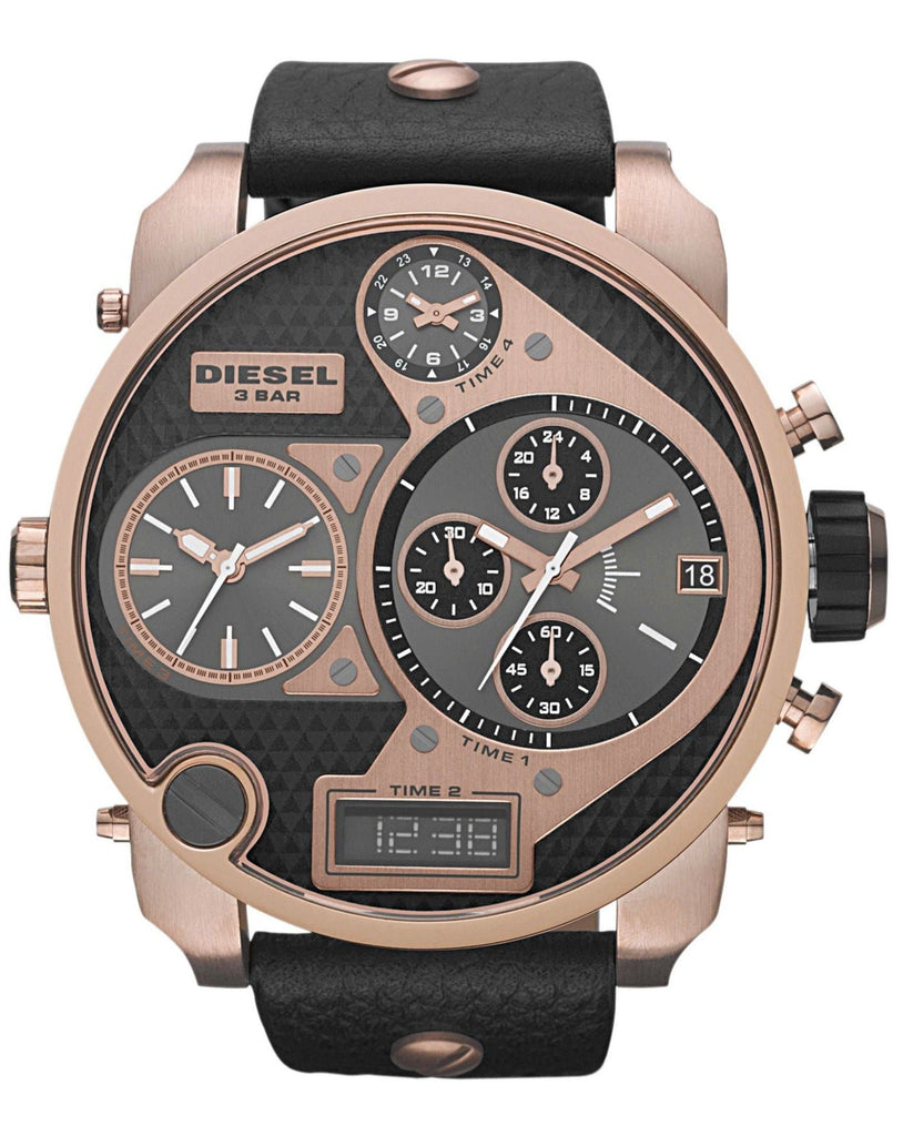 Diesel Big Daddy Gold & Black Dial Black Leather Strap Watch For Men - DZ7261 Buy Now By Diesel