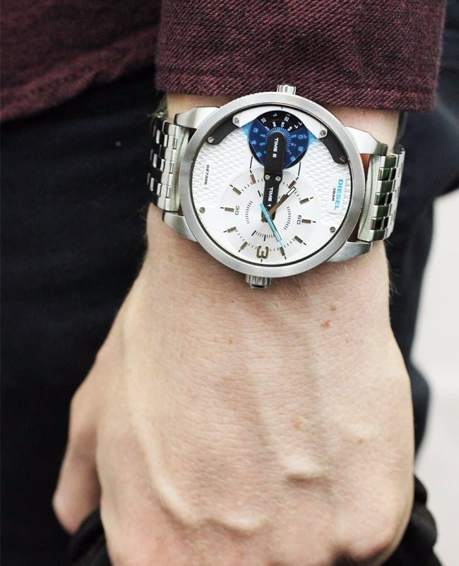 Diesel Mini Daddy Dual Time Silver Dial Stainless Steel Watch For Men - DZ7305 Buy Now By Diesel