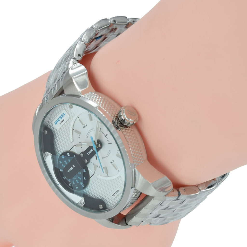 Diesel Mini Daddy Dual Time Silver Dial Stainless Steel Watch For Men - DZ7305 Buy Now By Diesel