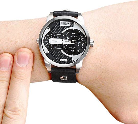 Diesel Mini Daddy Black Silver Dial Black Leather Strap Watch For Men - DZ7307 Buy Now By Diesel