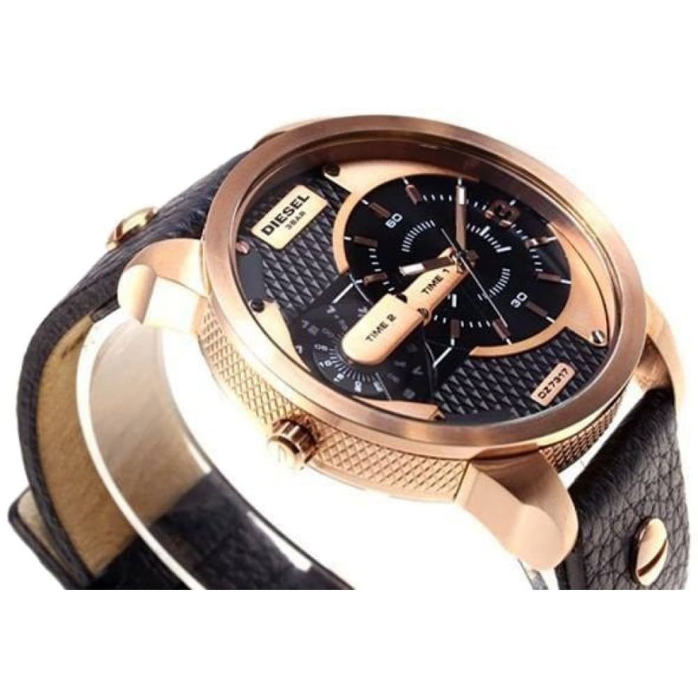 Diesel Mini Daddy Dual Time Black & Gold Dial Black Leather Strap Watch For Men - DZ7317 Buy Now By Diesel